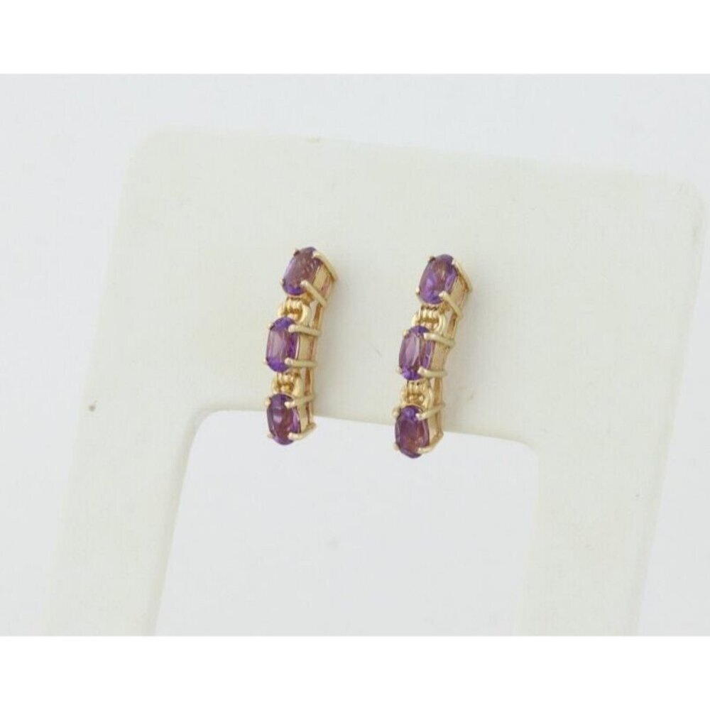 10k Yellow Gold Natural Amethyst Earrings Half Hoop - Picture 7 of 8